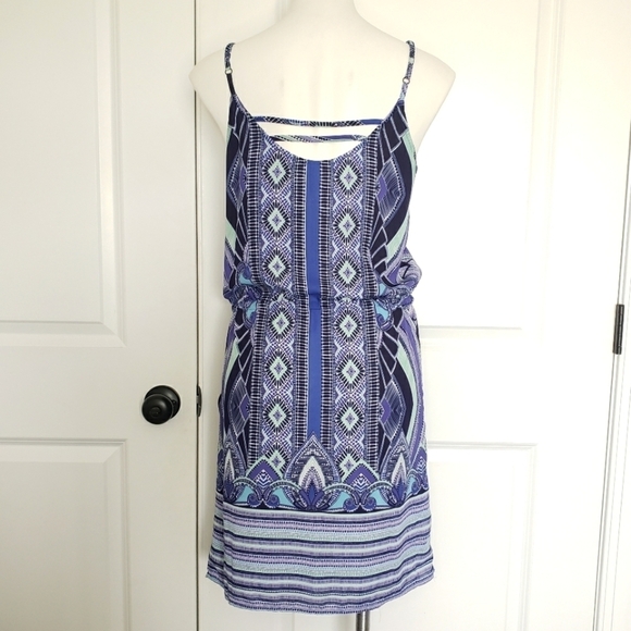 Mercer & Madison Geo Stripe Blue Green Sleeveless Drawstring Waist Dress 4 - Picture 6 of 8